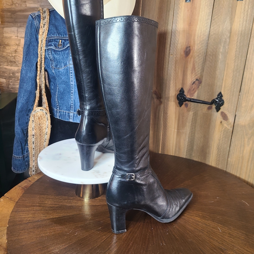 Women's Buckle Detailed Black Leather Heeled Boots - Picture 3 of 6